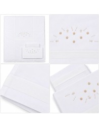 Embroidered crib pram sheet set with hand embroidery and pure cotton piqué bands
