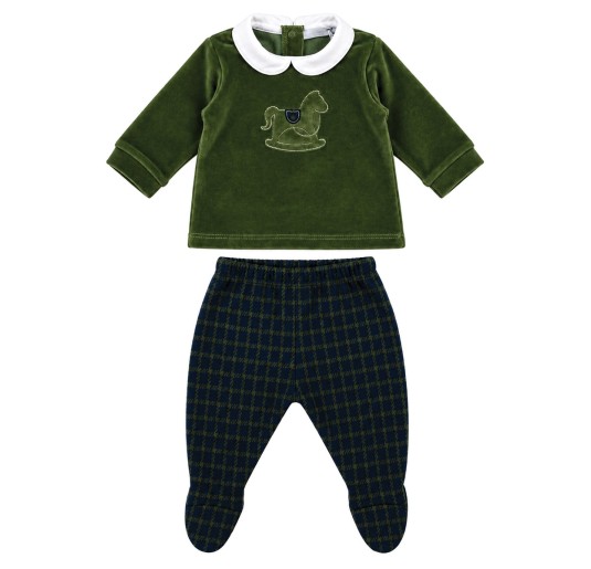 Green velour baby outfit with long-sleeved top and checkered trousers with integrated feet