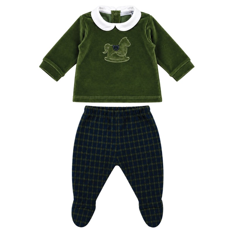Green velour baby outfit with long-sleeved top and checkered trousers with integrated feet