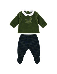 Green velour baby outfit with long-sleeved top and checkered trousers with integrated feet