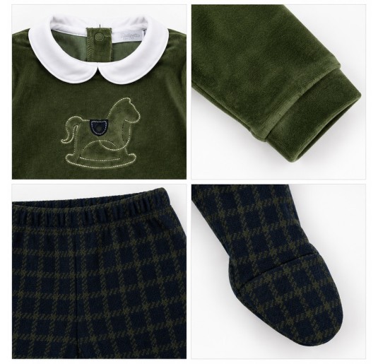Green velour baby outfit with long-sleeved top and checkered trousers with integrated feet 2