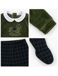 Green velour baby outfit with white collar and rocking horse embroidery