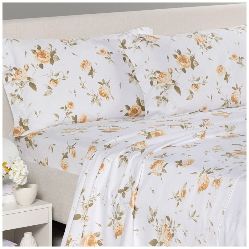Double flannel sheet set Rosa Caleffi in cotton with floral pattern