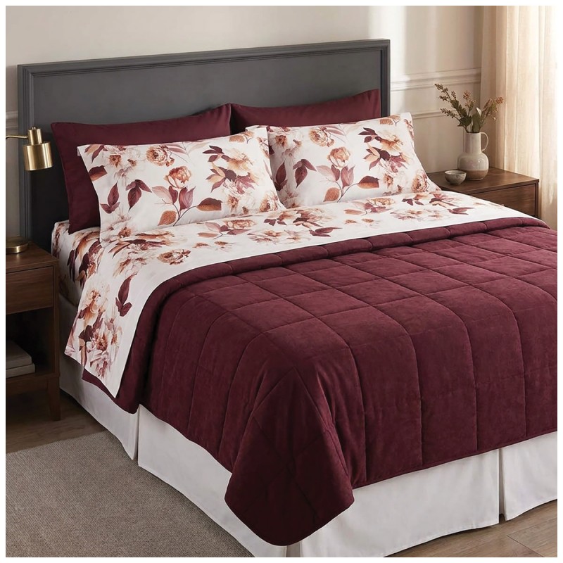 Double flannel sheet set Peony Gabel with plain white fitted sheet and frilled pillowcases