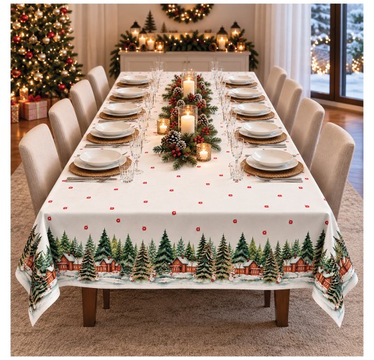 Christmas cotton tablecloth Snowy Village set on a dining table