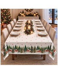 Christmas cotton tablecloth Snowy Village set on a dining table