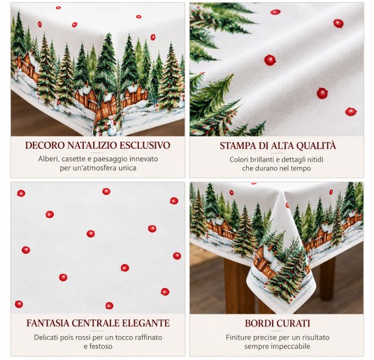 Christmas cotton tablecloth Snowy Village set on a dining table 2