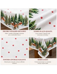 Christmas cotton tablecloth Snowy Village with snowy cottages and fir tree border