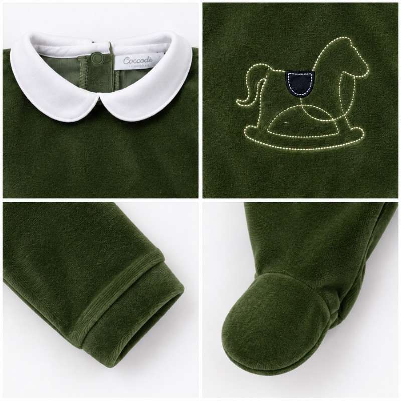 Baby romper in green chenille with embroidered rocking horse detail on the front