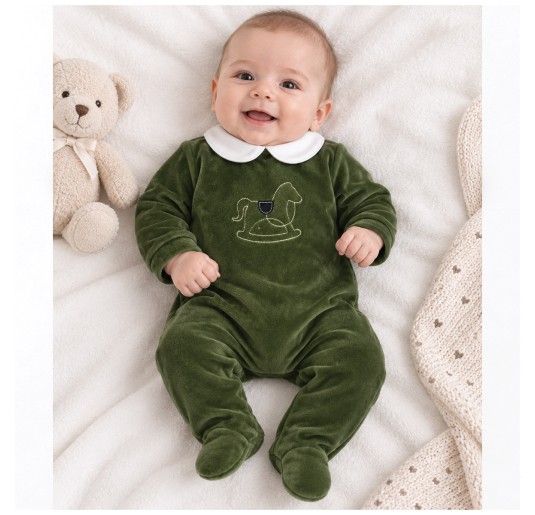 Baby romper in green chenille by Coccode' Firenze with white collar and embroidered rocking horse 2