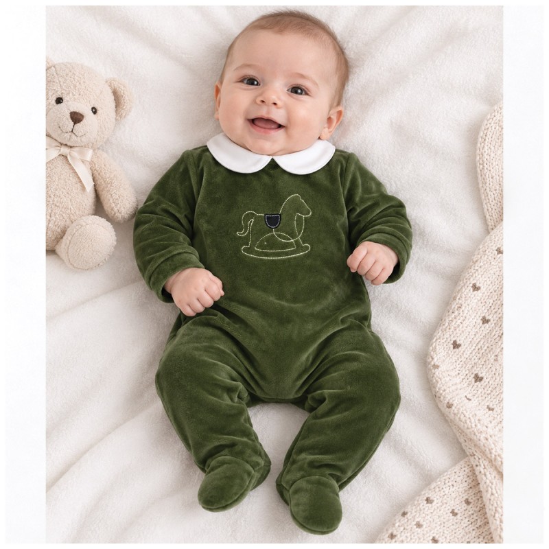 Baby romper in green chenille by Coccode' Firenze worn by a 3-month-old baby