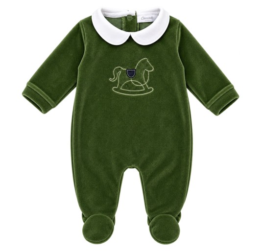 Baby romper in green chenille by Coccode' Firenze with white collar and embroidered rocking horse