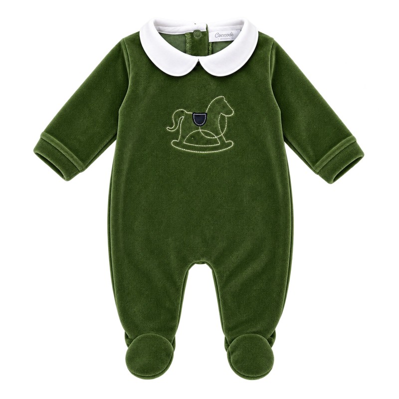Baby romper in green chenille by Coccode' Firenze with white collar and embroidered rocking horse