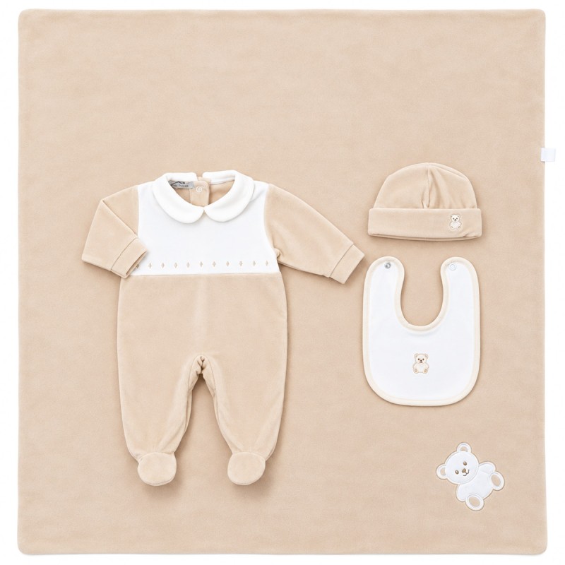 Newborn chenille first outfit set CORALO in coral with sleepsuit, blanket and matching accessories