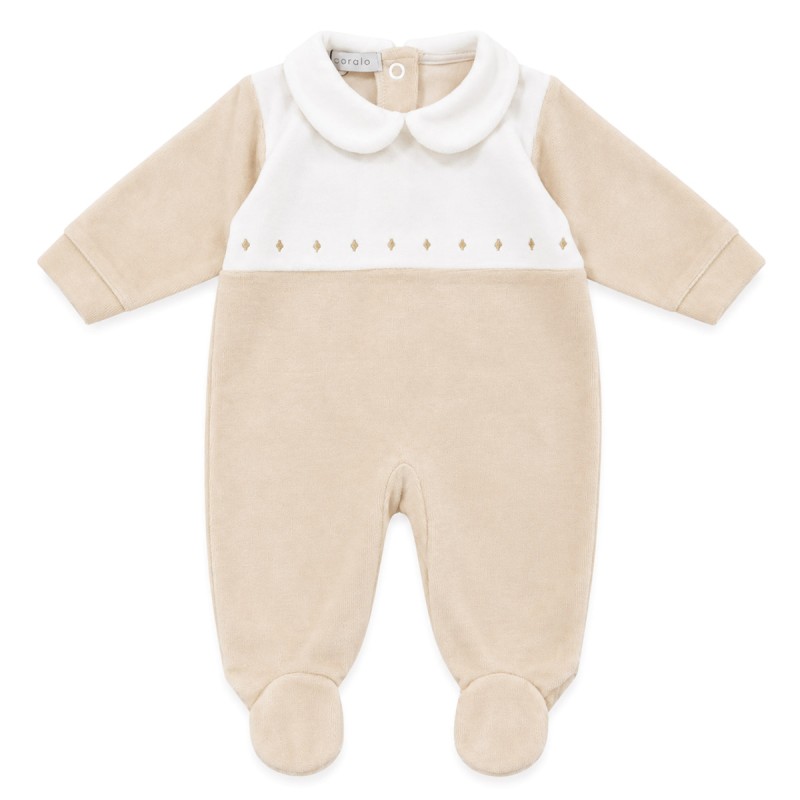 Set corredino prima uscita neonato in ciniglia CORALO con tutina con piedini, cappellino e bavaglino