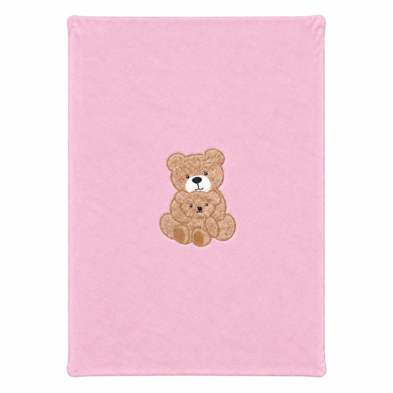 Close-up of soft taupe fleece texture and raised appliqué featuring two beige and brown teddy bears