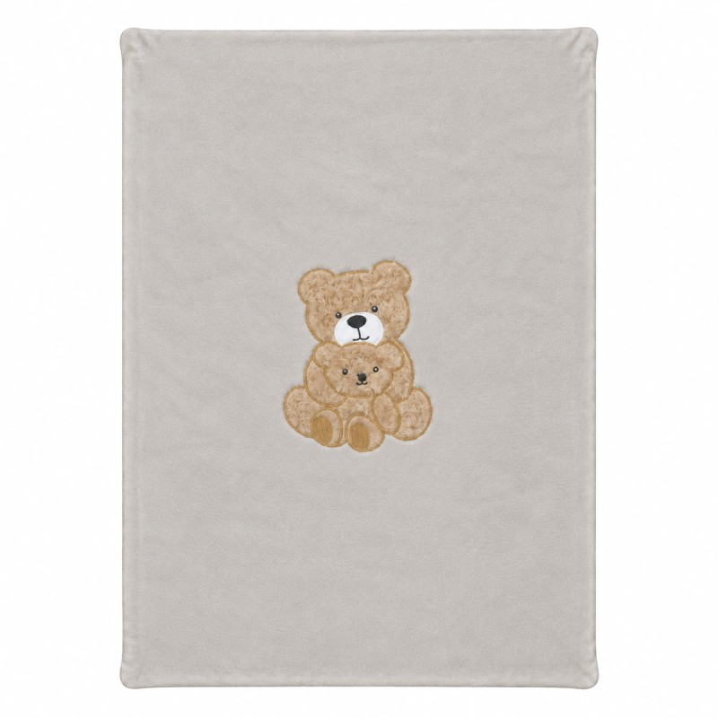 Baby cot blanket with bars, featuring a warm soft fabric and cuddling teddy bear decoration in neutral tones