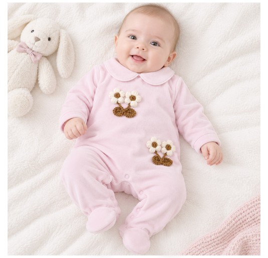Velour Baby Girl Sleepsuit with Crochet Flowers - Nazareno Gabrielli 2