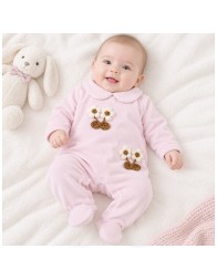 Velour Baby Girl Sleepsuit with Crochet Flowers