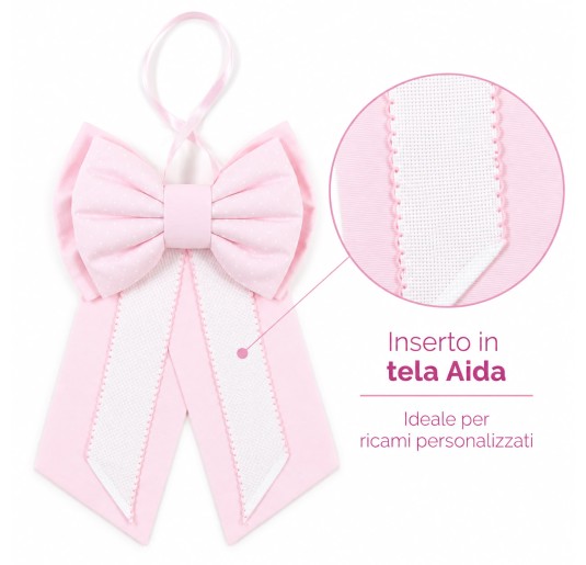 Pink baby birth bow in pure cotton with embroiderable Aida fabric, 35x38 cm 2