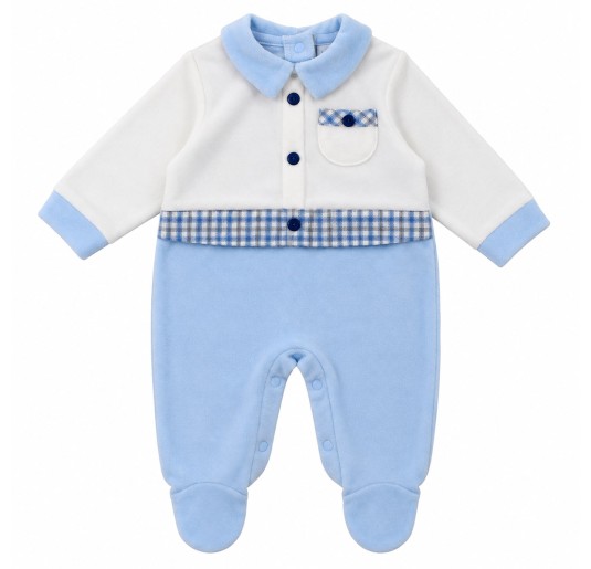 Tutina neonato ciniglia Batuffolini BA5481M bianca e azzurra con maniche lunghe e piedini integrati