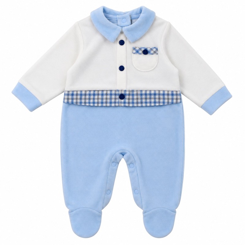 Tutina neonato ciniglia Batuffolini BA5481M bianca e azzurra con maniche lunghe e piedini integrati