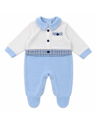 Batuffolini BA5481M baby velour sleepsuit in white and light blue with long sleeves and integrated feet