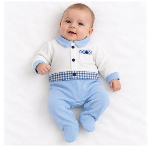 Batuffolini BA5481M baby velour sleepsuit in white and light blue with long sleeves and integrated feet 2