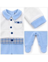 Close-up of the light blue collar and checkered chest pocket on the soft baby velour romper