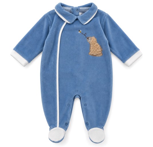 Blue Nazareno Gabrielli velour baby sleepsuit with teddy bear, long sleeves and integrated feet