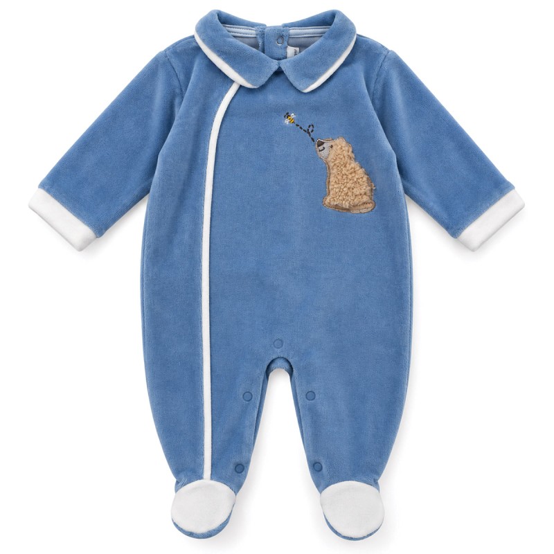 Blue Nazareno Gabrielli velour baby sleepsuit with teddy bear, long sleeves and integrated feet