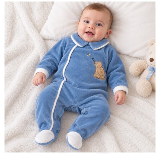 Blue Nazareno Gabrielli velour baby sleepsuit with teddy bear, long sleeves and integrated feet 2
