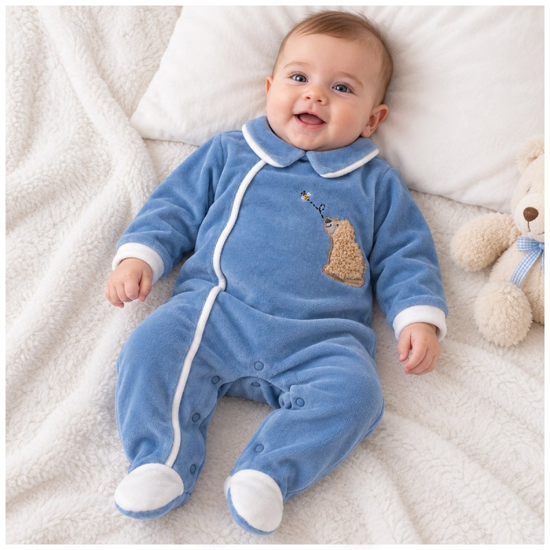 Velour baby sleepsuit with teddy bear and bee appliqué, white collar and contrasting trims
