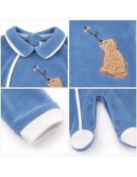 Blue velour baby sleepsuit with snap fasteners at the crotch and integrated feet