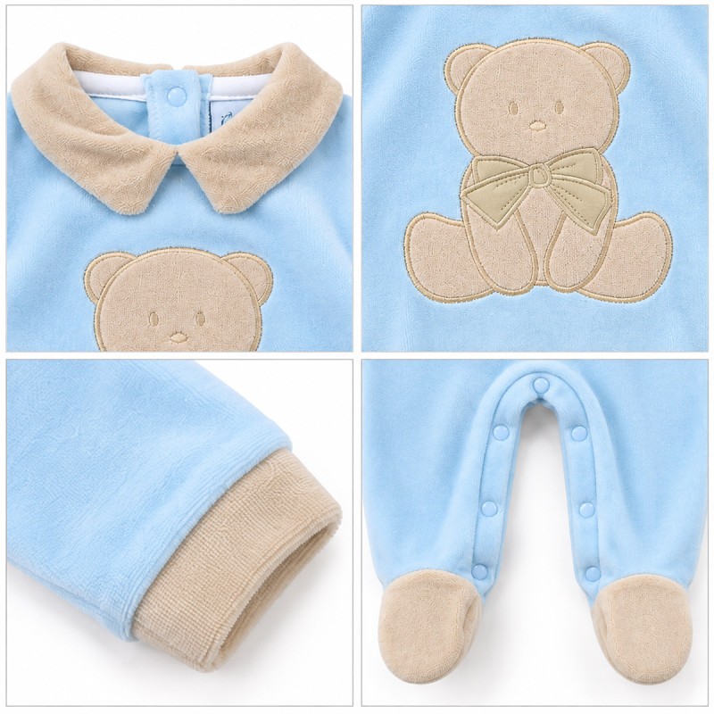 Blue velour baby sleepsuit with snap-button fastening and integrated feet