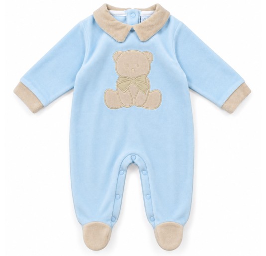 Blue velour baby sleepsuit with embroidered teddy bear and beige collar