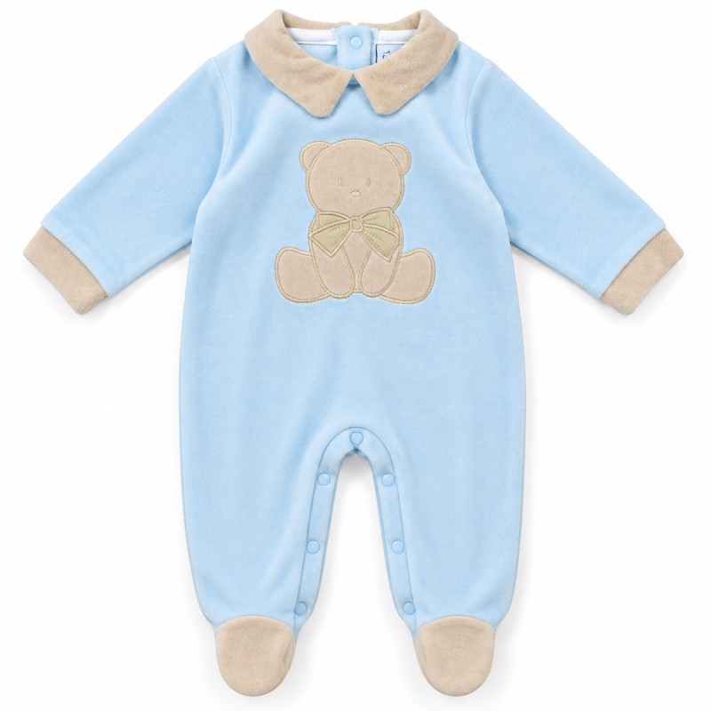Blue velour baby sleepsuit with embroidered teddy bear and beige collar