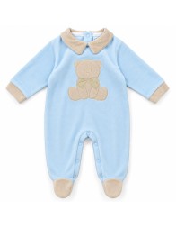 Blue velour baby sleepsuit with embroidered teddy bear and beige collar