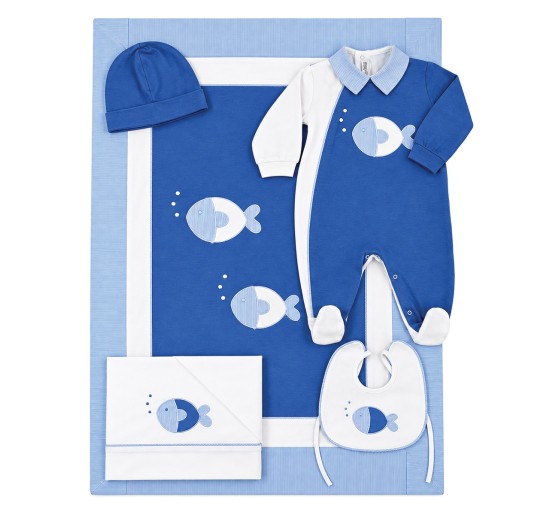 Teneri & Belli baby layette set in cotton with fish design blanket and cot sheets