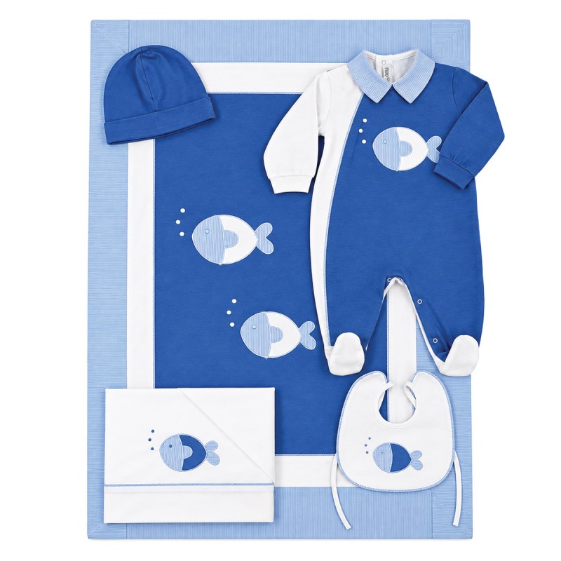 Set corredino neonato Teneri & Belli in cotone con copertina e lenzuolino pesciolini