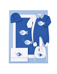 Teneri & Belli baby layette set in cotton with fish design blanket and cot sheets