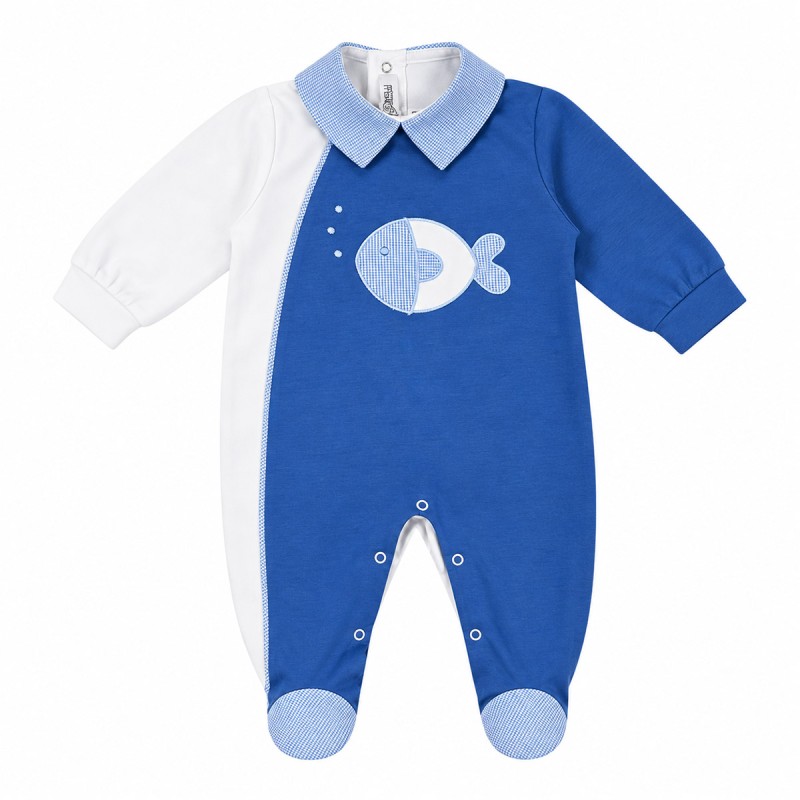 Baby layette set with cotton romper and blue fish embroidery
