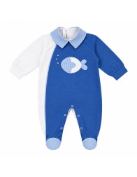 Baby layette set with cotton romper and blue fish embroidery