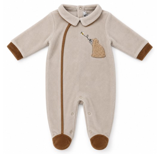 Beige velour baby sleepsuit by Nazareno Gabrielli with teddy bear and bee appliqué on the front.
