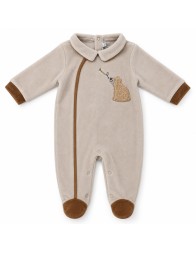Beige velour baby sleepsuit by Nazareno Gabrielli with teddy bear and bee appliqué on the front.