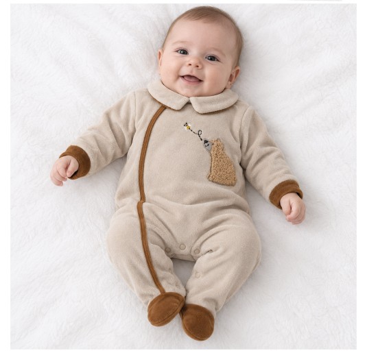 Beige velour baby sleepsuit by Nazareno Gabrielli with teddy bear and bee appliqué on the front. 2