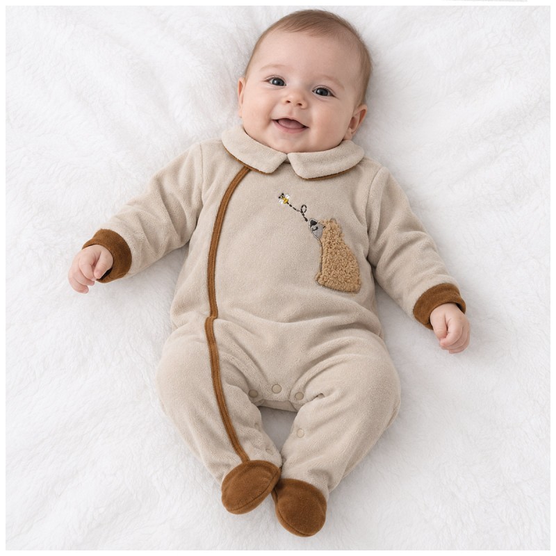 Tutina neonato in ciniglia beige con colletto arrotondato e bordini marroni a contrasto.