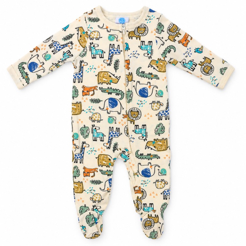 Baby On Board Jungle cotton blend zip sleepsuit with colourful animal print.
