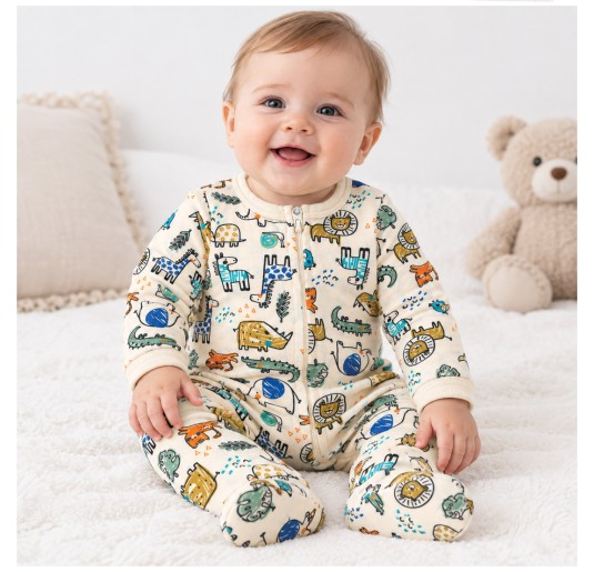 Baby On Board Jungle cotton blend zip sleepsuit with colourful animal print. 2