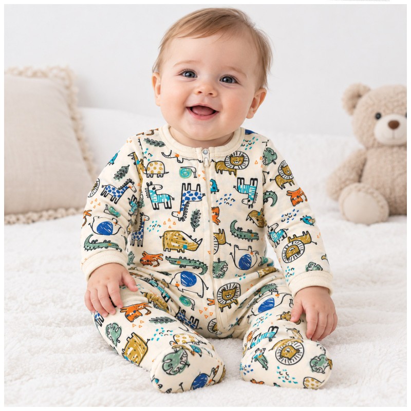 Jungle baby zip sleepsuit with front fastening and long sleeves by Baby On Board.